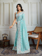 Jyoti Fashion Women's Sky Blue Semi Georgette Embroidered Designer Saree with Blouse | Grocsy
