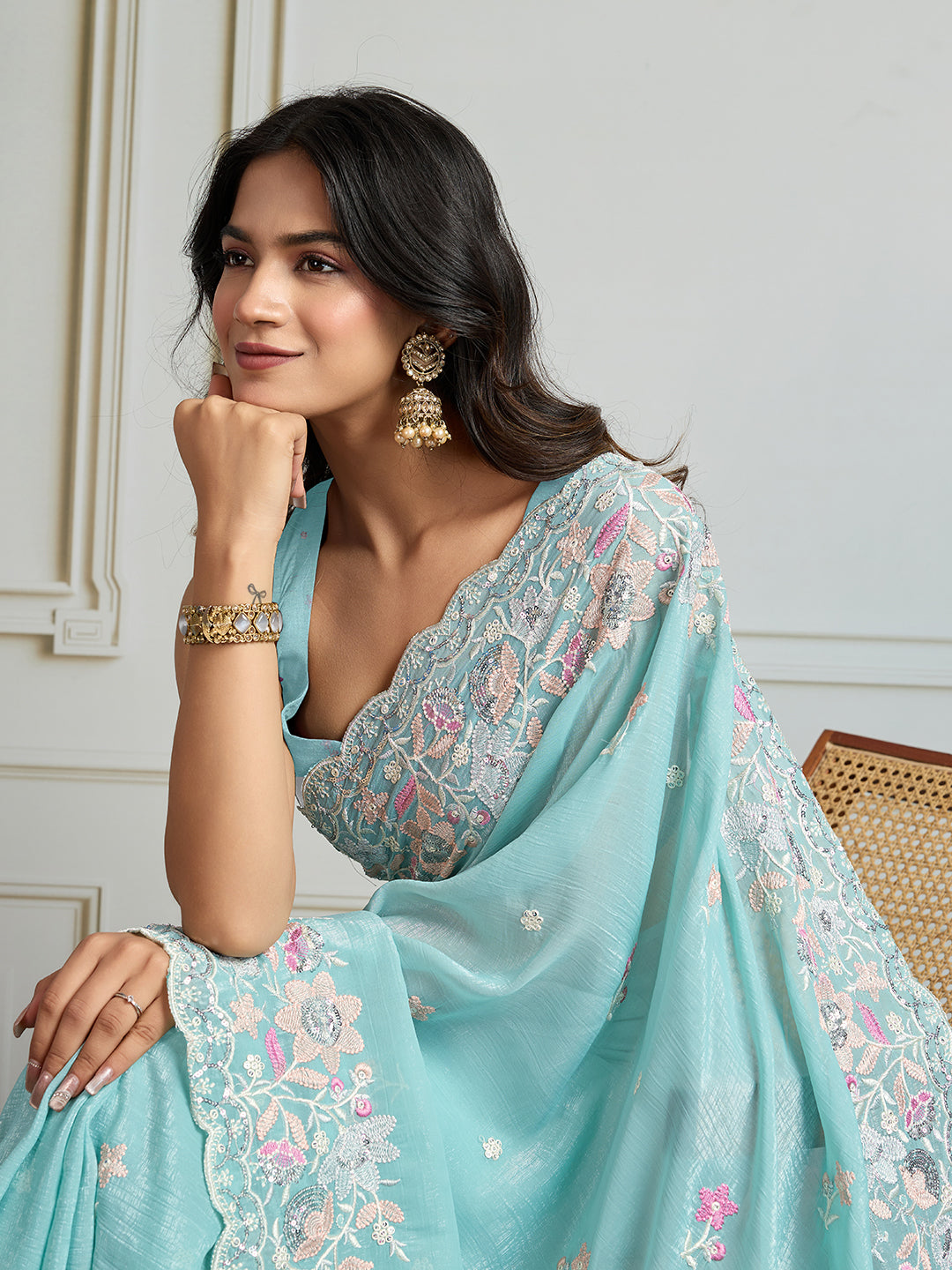Jyoti Fashion Women's Sky Blue Semi Georgette Embroidered Designer Saree with Blouse | Grocsy