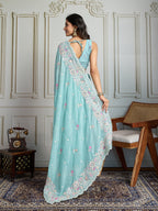 Jyoti Fashion Women's Sky Blue Semi Georgette Embroidered Designer Saree with Blouse | Grocsy