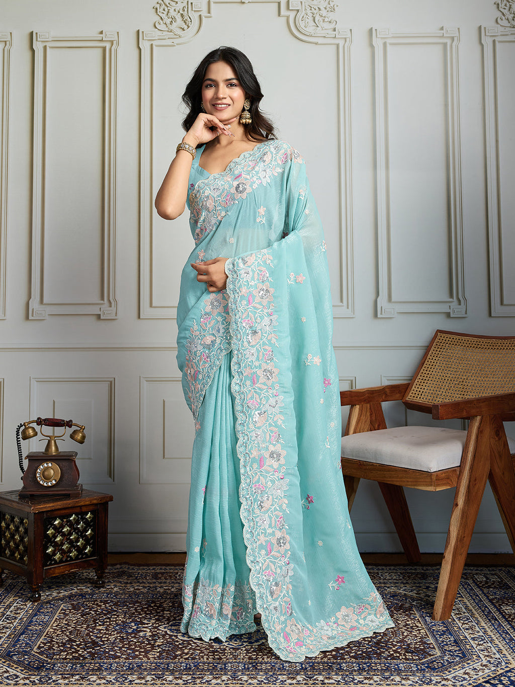 Jyoti Fashion Women's Sky Blue Semi Georgette Embroidered Designer Saree with Blouse | Grocsy