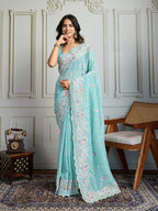 Jyoti Fashion Women's Sky Blue Semi Georgette Embroidered Designer Saree with Blouse | Grocsy