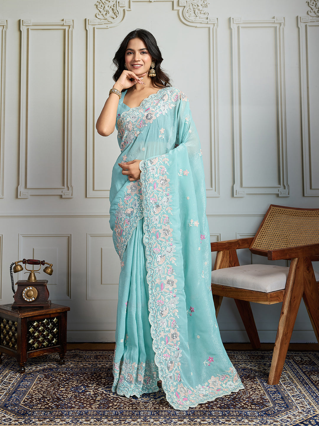 Jyoti Fashion Women's Sky Blue Semi Georgette Embroidered Designer Saree with Blouse | Grocsy