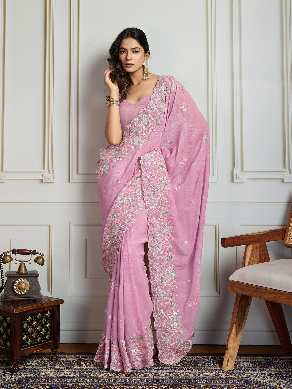 Jyoti Fashion Women's Pink Semi Georgette Embroidered Designer Saree with Blouse | Grocsy