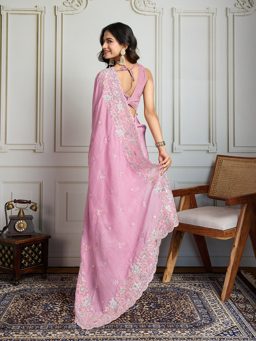 Jyoti Fashion Women's Pink Semi Georgette Embroidered Designer Saree with Blouse | Grocsy