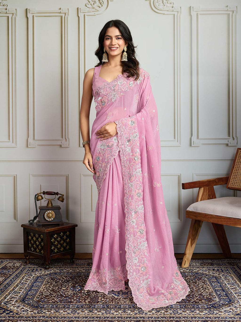 Jyoti Fashion Women's Pink Semi Georgette Embroidered Designer Saree with Blouse | Grocsy