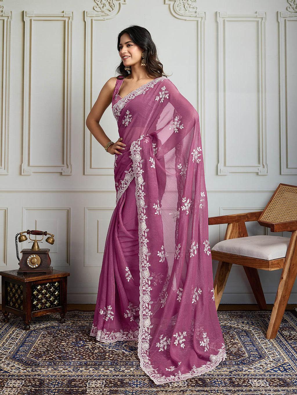 Jyoti Fashion Women's Onion Semi Georgette Embroidered Designer Saree with Blouse | Grocsy