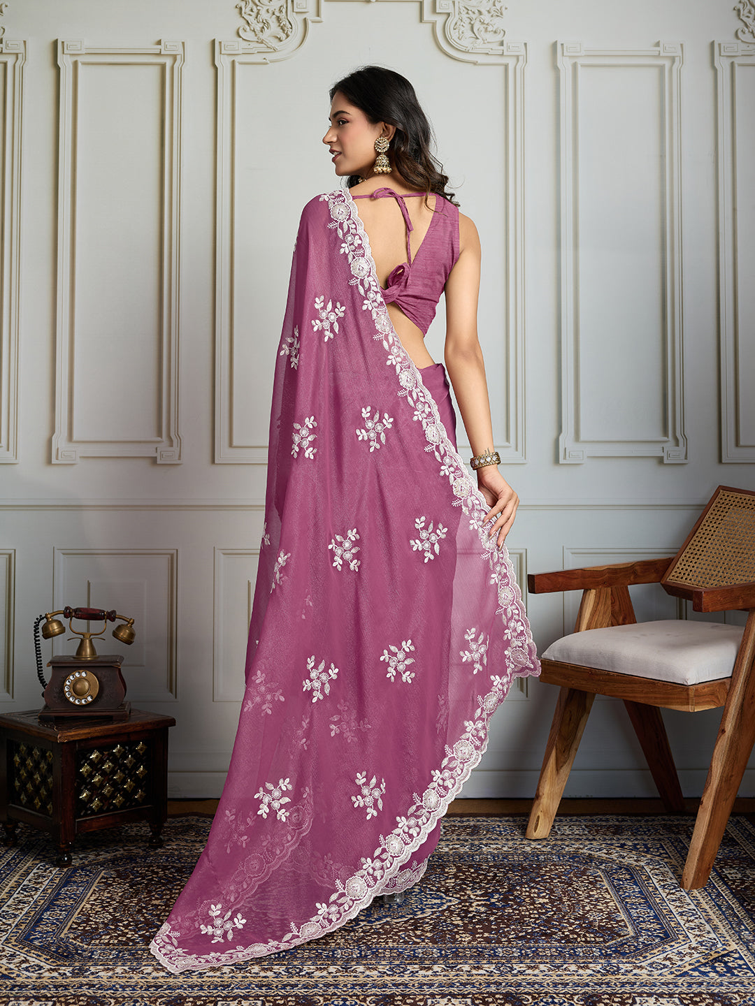 Jyoti Fashion Women's Onion Semi Georgette Embroidered Designer Saree with Blouse | Grocsy