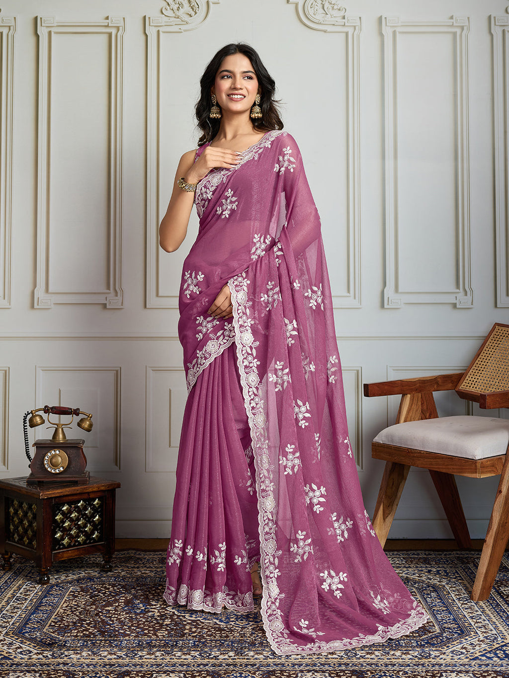 Jyoti Fashion Women's Onion Semi Georgette Embroidered Designer Saree with Blouse | Grocsy
