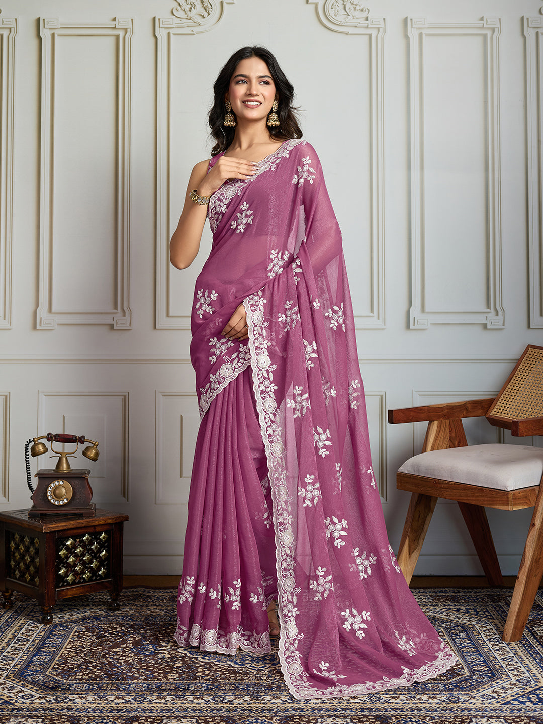 Jyoti Fashion Women's Onion Semi Georgette Embroidered Designer Saree with Blouse | Grocsy