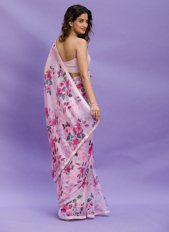 Jyoti Fashion Women's Pink Digital Print with Sequence Lace work Chinon Saree with Blouse | Grocsy