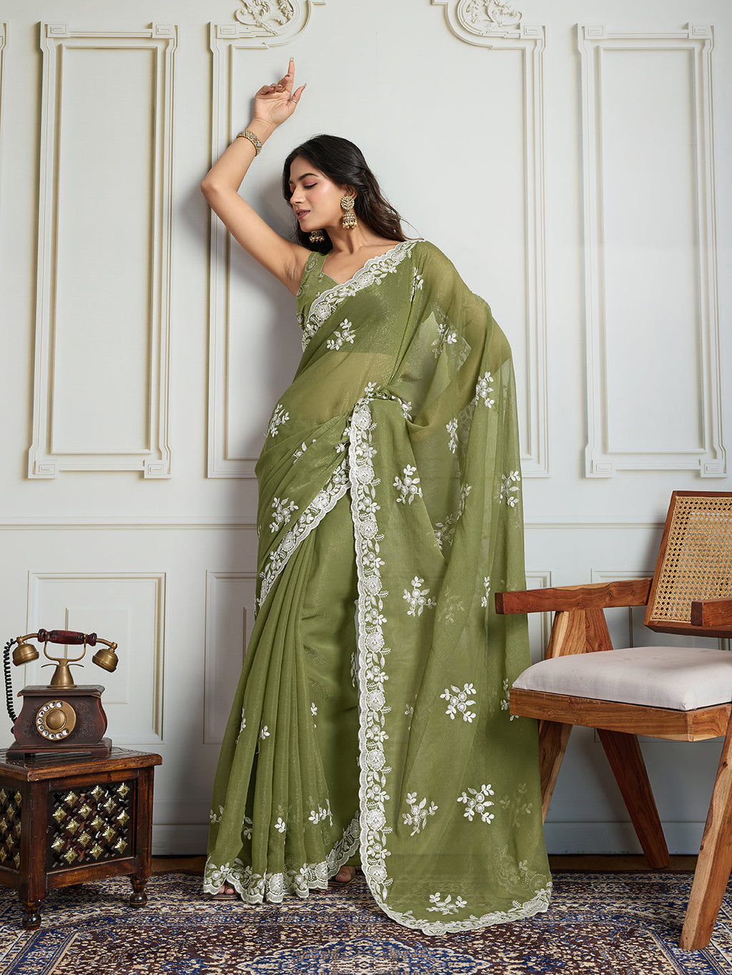 Jyoti Fashion Women's Olive Green Semi Georgette Embroidered Designer Saree with Blouse | Grocsy