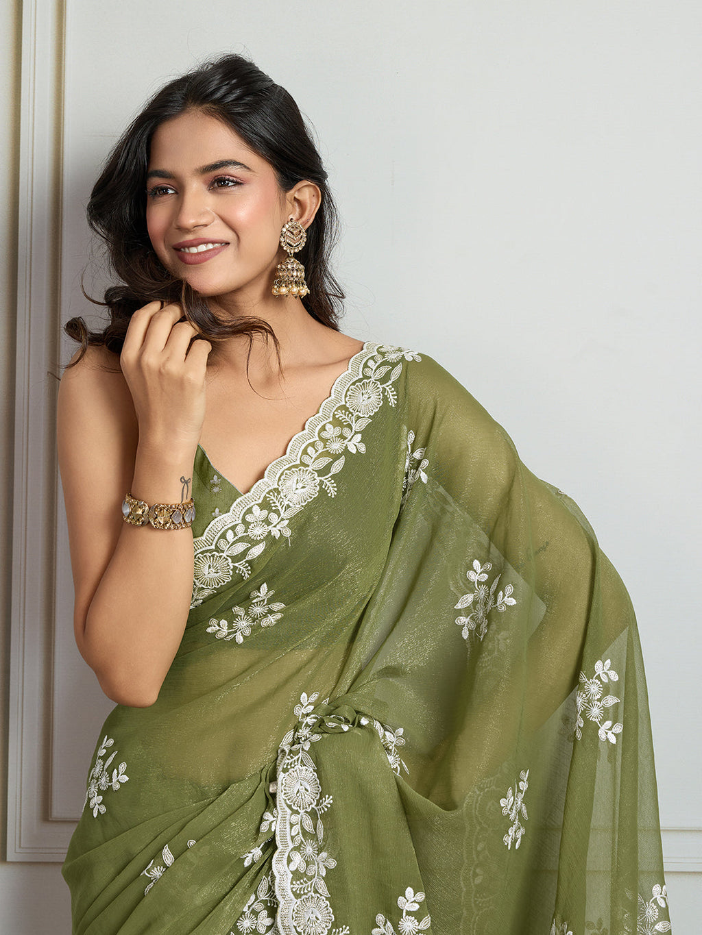Jyoti Fashion Women's Olive Green Semi Georgette Embroidered Designer Saree with Blouse | Grocsy