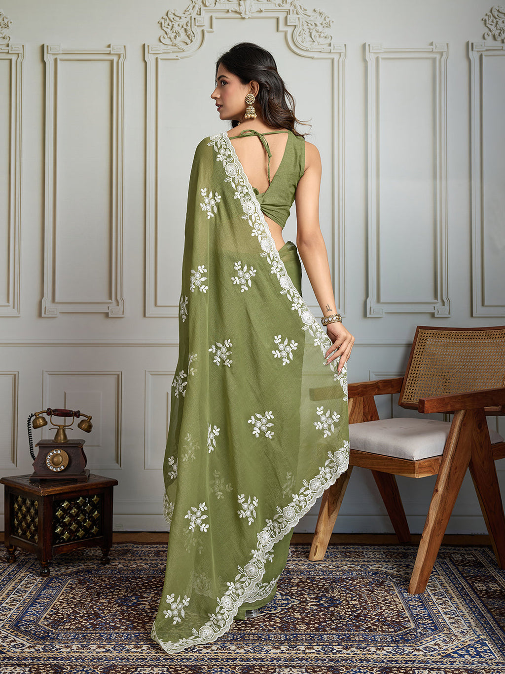 Jyoti Fashion Women's Olive Green Semi Georgette Embroidered Designer Saree with Blouse | Grocsy