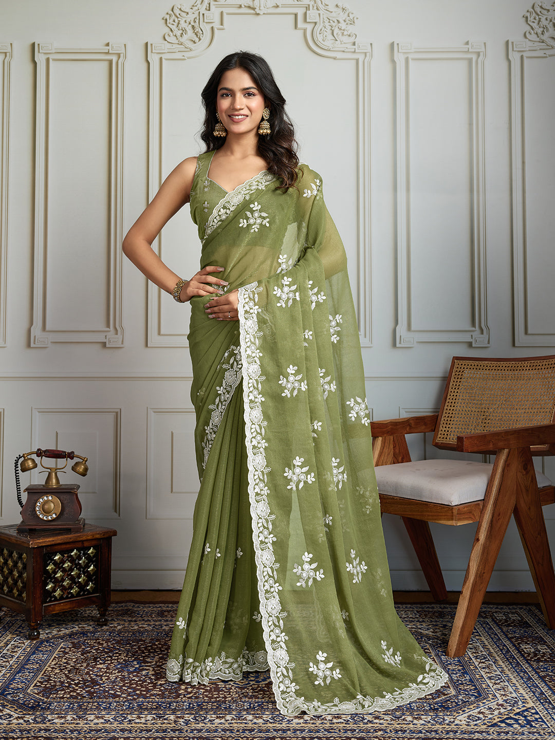 Jyoti Fashion Women's Olive Green Semi Georgette Embroidered Designer Saree with Blouse | Grocsy