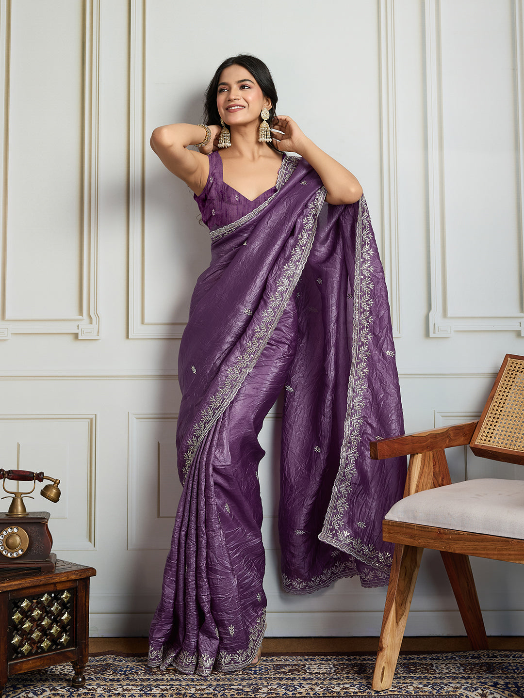 Jyoti Fashion Women's Purple Gold Crush Embroidered Designer Saree with Blouse | Grocsy
