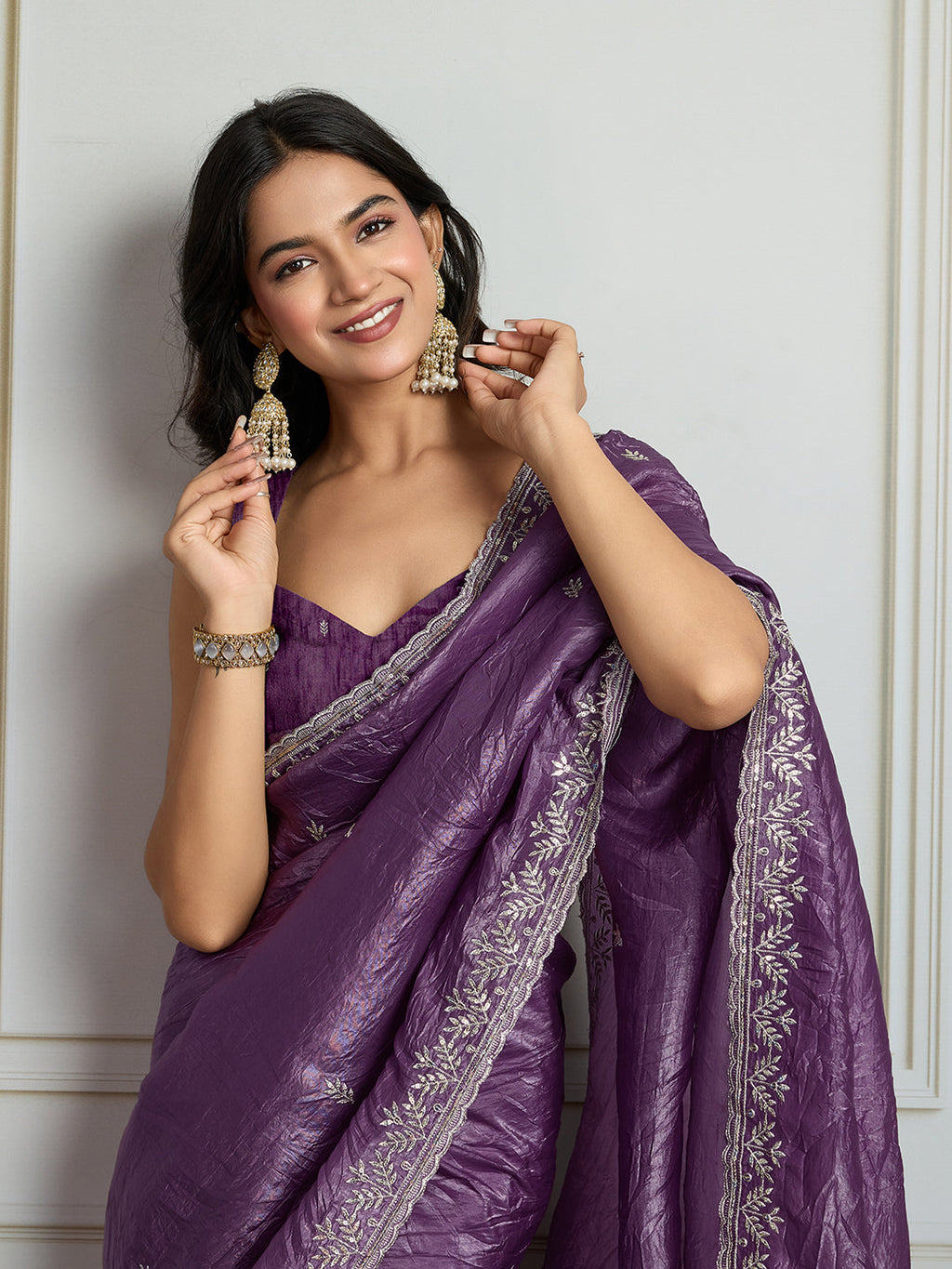 Jyoti Fashion Women's Purple Gold Crush Embroidered Designer Saree with Blouse | Grocsy