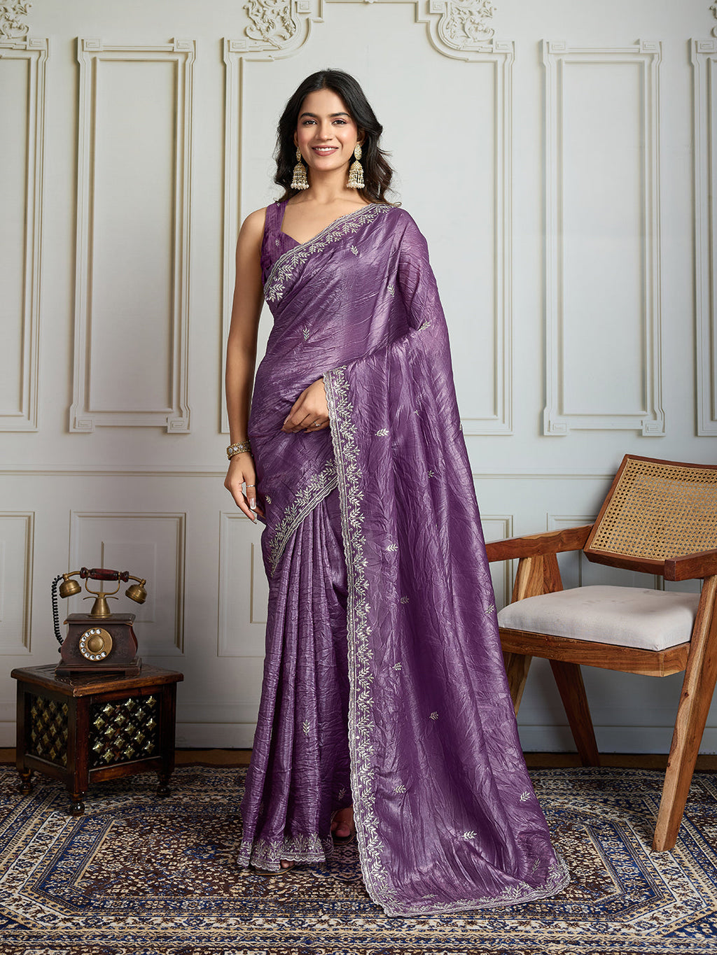 Jyoti Fashion Women's Purple Gold Crush Embroidered Designer Saree with Blouse | Grocsy