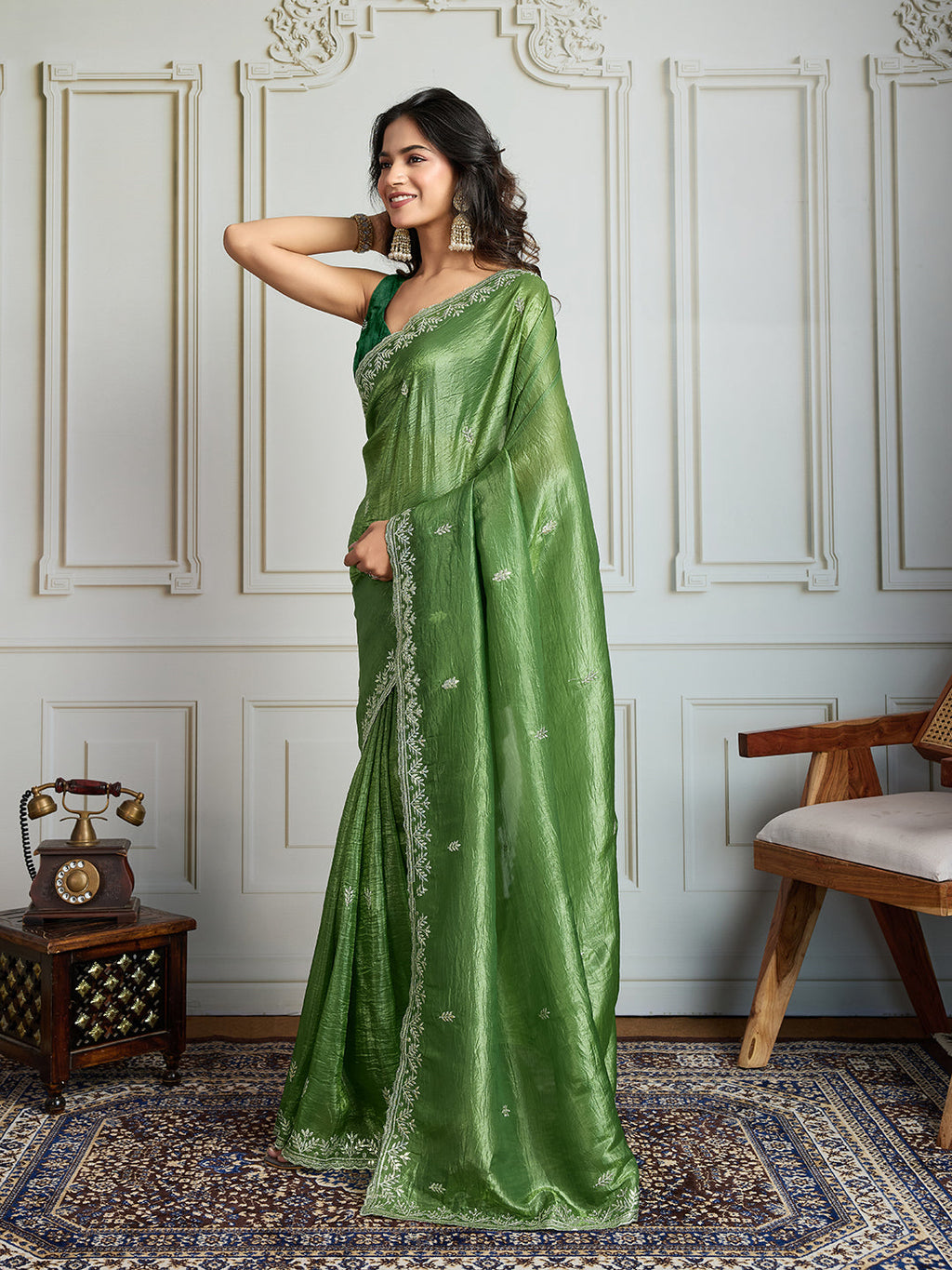 Jyoti Fashion Women's Parrot Green Gold Crush Embroidered Designer Saree with Blouse | Grocsy