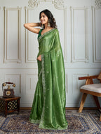 Jyoti Fashion Women's Parrot Green Gold Crush Embroidered Designer Saree with Blouse | Grocsy