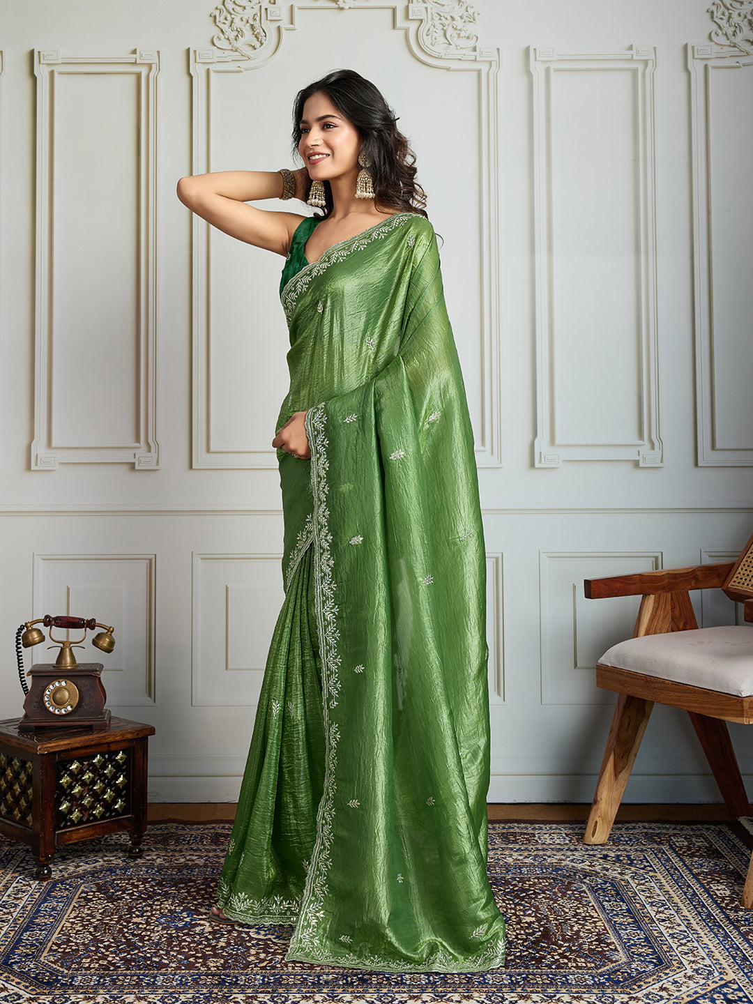 Jyoti Fashion Women's Parrot Green Gold Crush Embroidered Designer Saree with Blouse | Grocsy
