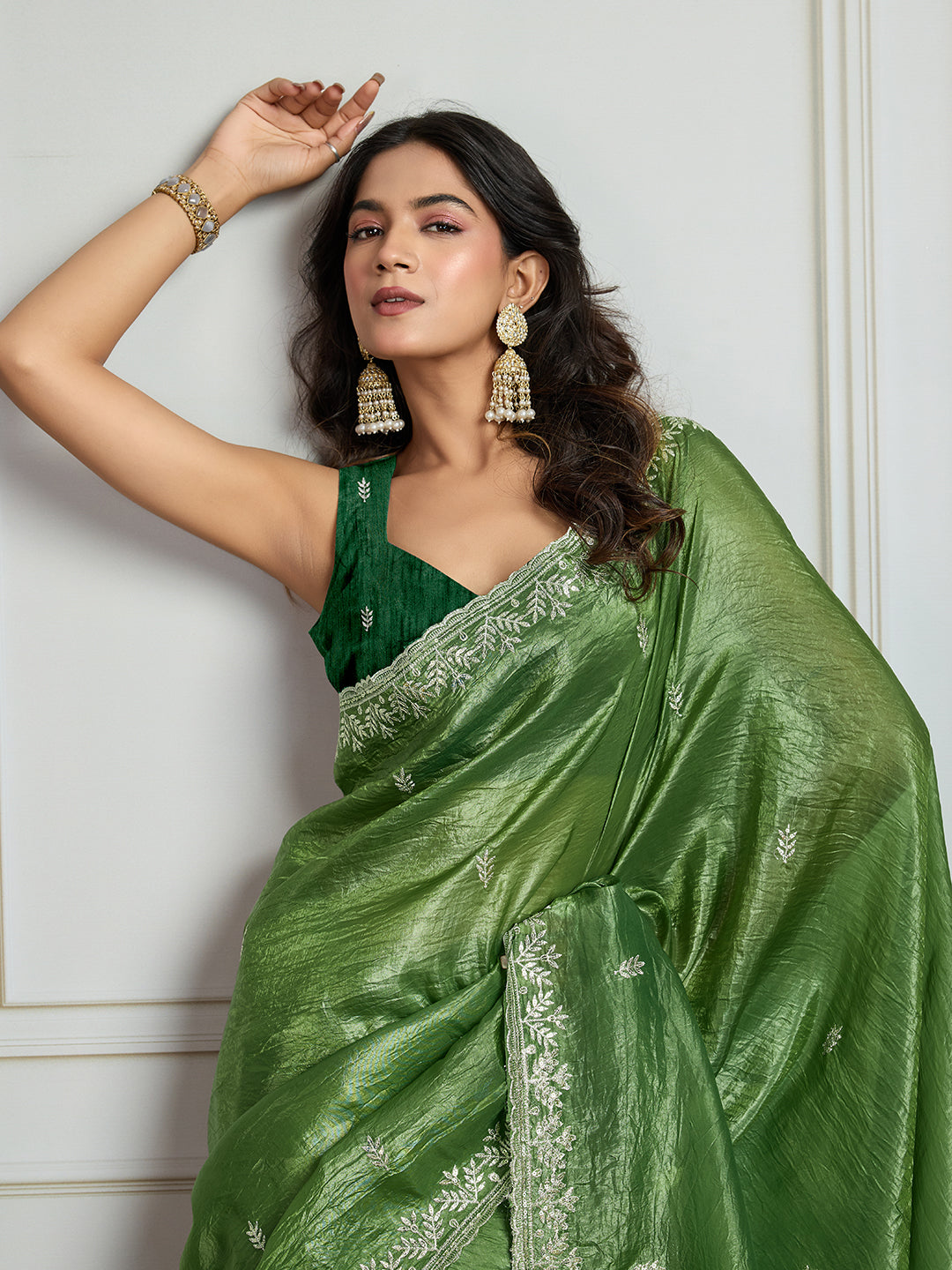 Jyoti Fashion Women's Parrot Green Gold Crush Embroidered Designer Saree with Blouse | Grocsy