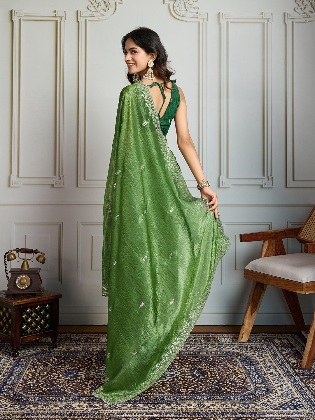 Jyoti Fashion Women's Parrot Green Gold Crush Embroidered Designer Saree with Blouse | Grocsy
