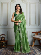 Jyoti Fashion Women's Parrot Green Gold Crush Embroidered Designer Saree with Blouse | Grocsy