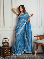 Jyoti Fashion Women's Rama Blue Gold Crush Embroidered Designer Saree with Blouse | Grocsy