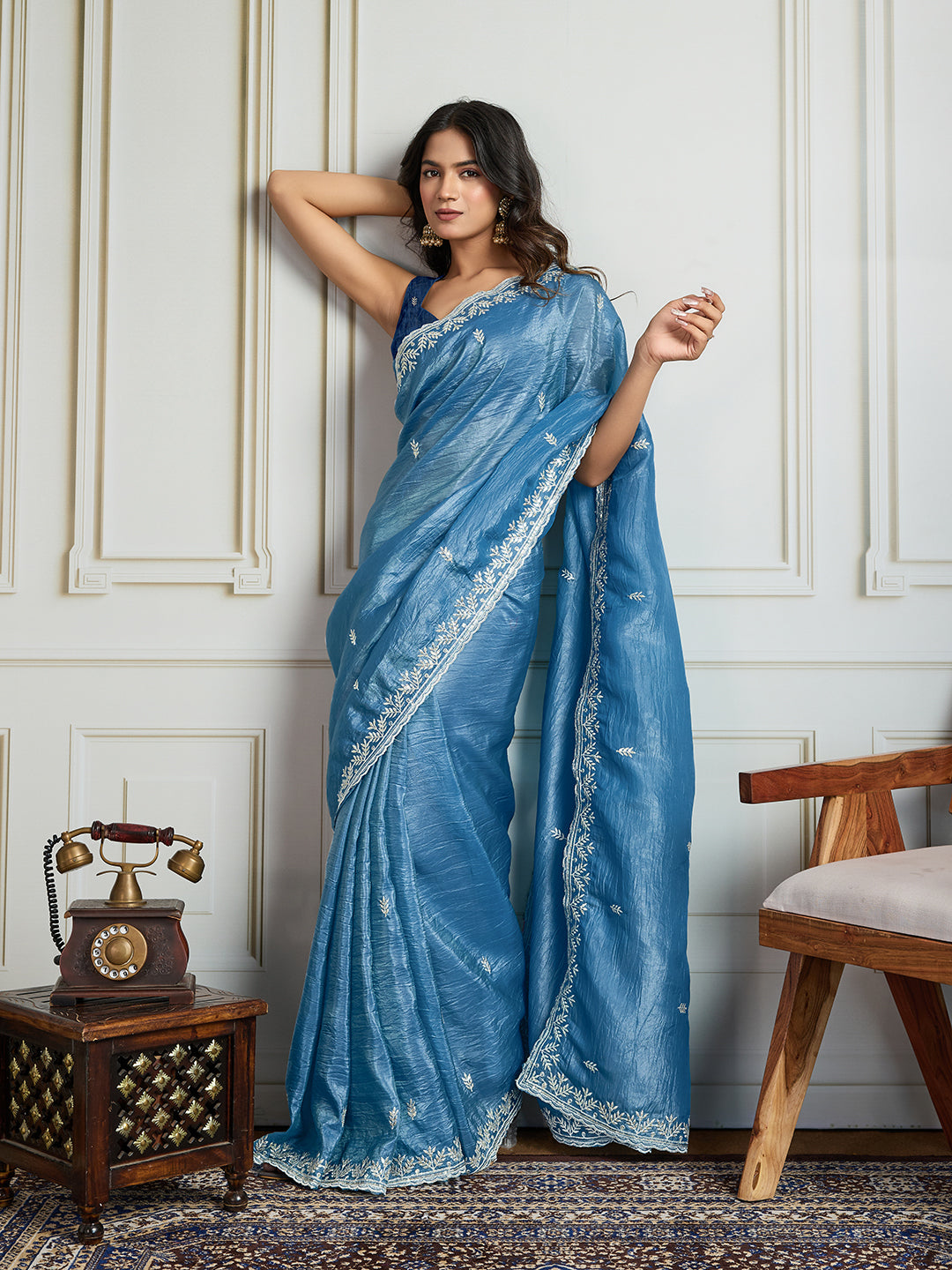 Jyoti Fashion Women's Rama Blue Gold Crush Embroidered Designer Saree with Blouse | Grocsy