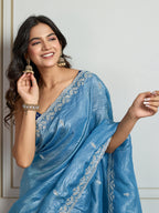 Jyoti Fashion Women's Rama Blue Gold Crush Embroidered Designer Saree with Blouse | Grocsy