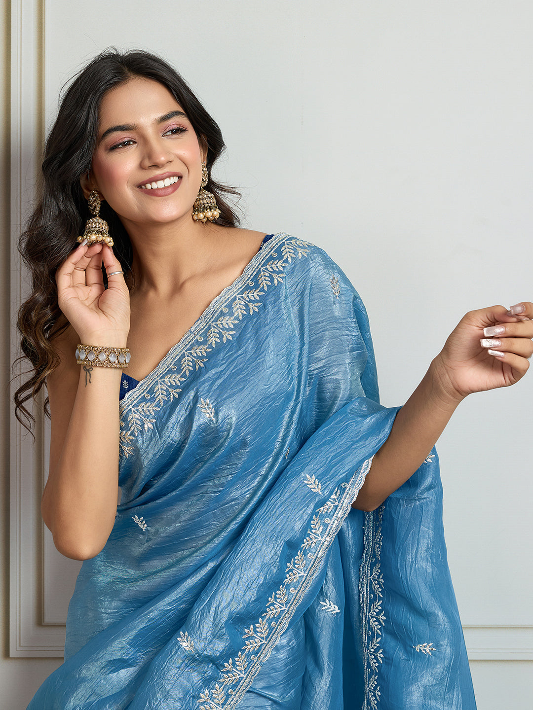 Jyoti Fashion Women's Rama Blue Gold Crush Embroidered Designer Saree with Blouse | Grocsy