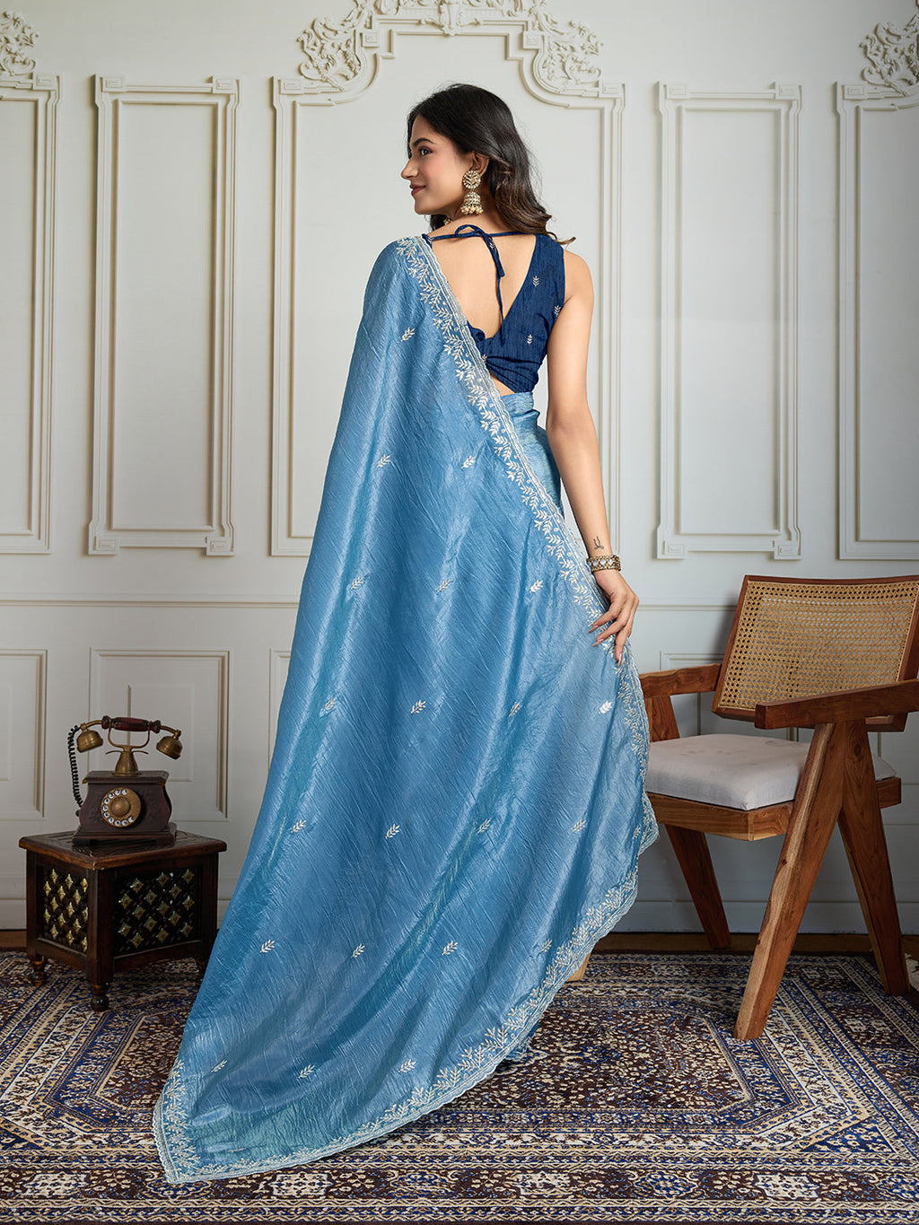 Jyoti Fashion Women's Rama Blue Gold Crush Embroidered Designer Saree with Blouse | Grocsy