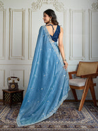 Jyoti Fashion Women's Rama Blue Gold Crush Embroidered Designer Saree with Blouse | Grocsy
