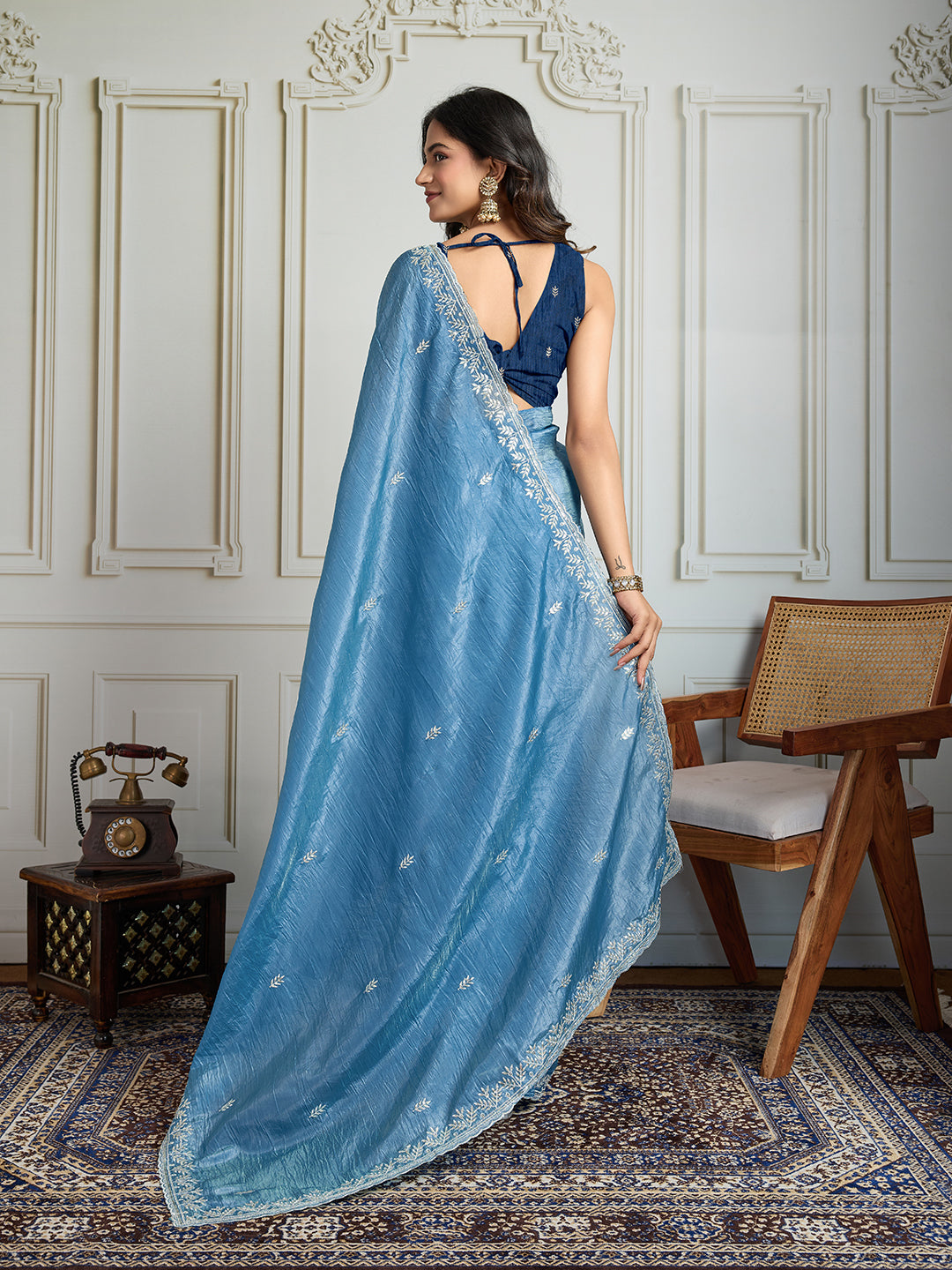 Jyoti Fashion Women's Rama Blue Gold Crush Embroidered Designer Saree with Blouse | Grocsy