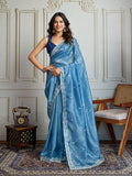 Jyoti Fashion Women's Rama Blue Gold Crush Embroidered Designer Saree with Blouse | Grocsy