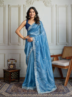 Jyoti Fashion Women's Rama Blue Gold Crush Embroidered Designer Saree with Blouse | Grocsy