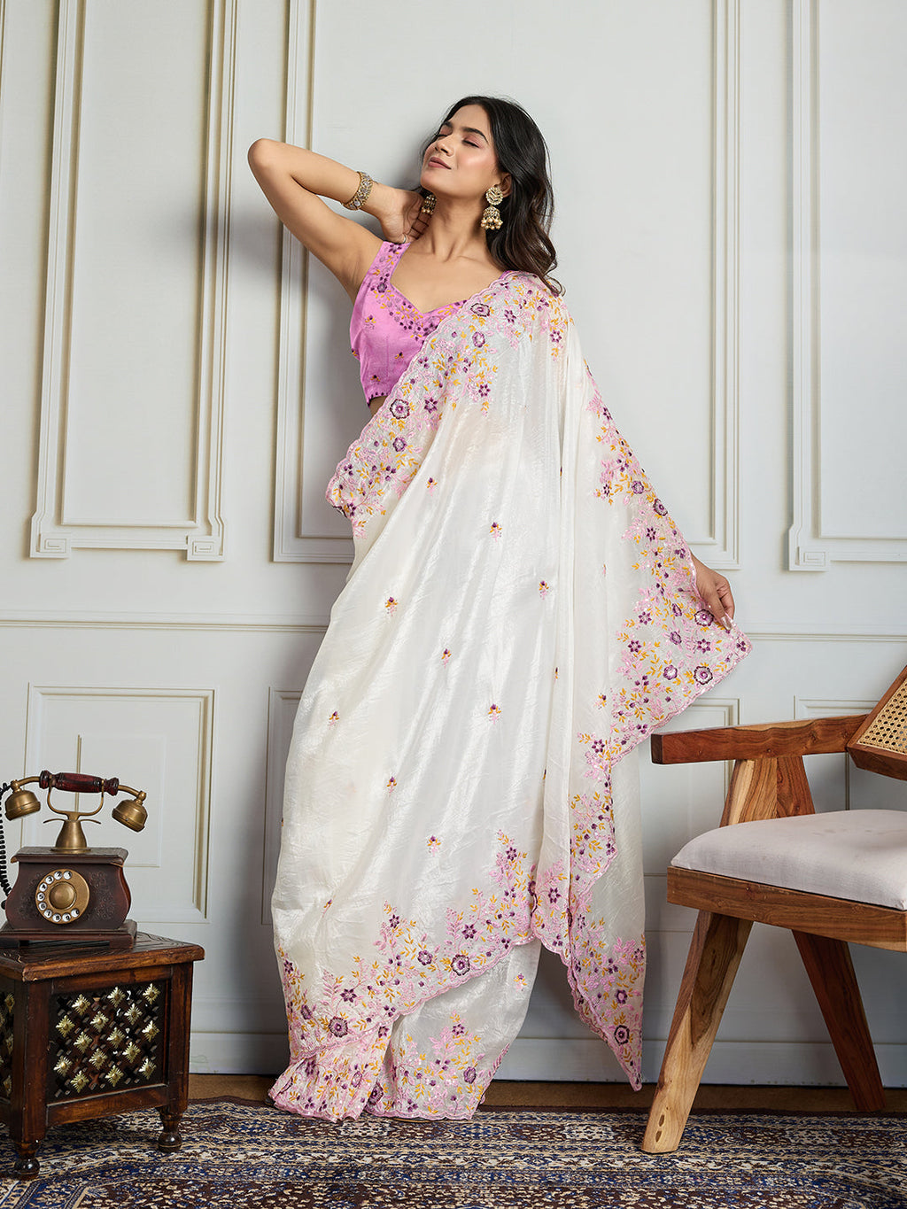 Jyoti Fashion Women's White Gold Crush Embroidered Designer Saree with Blouse | Grocsy