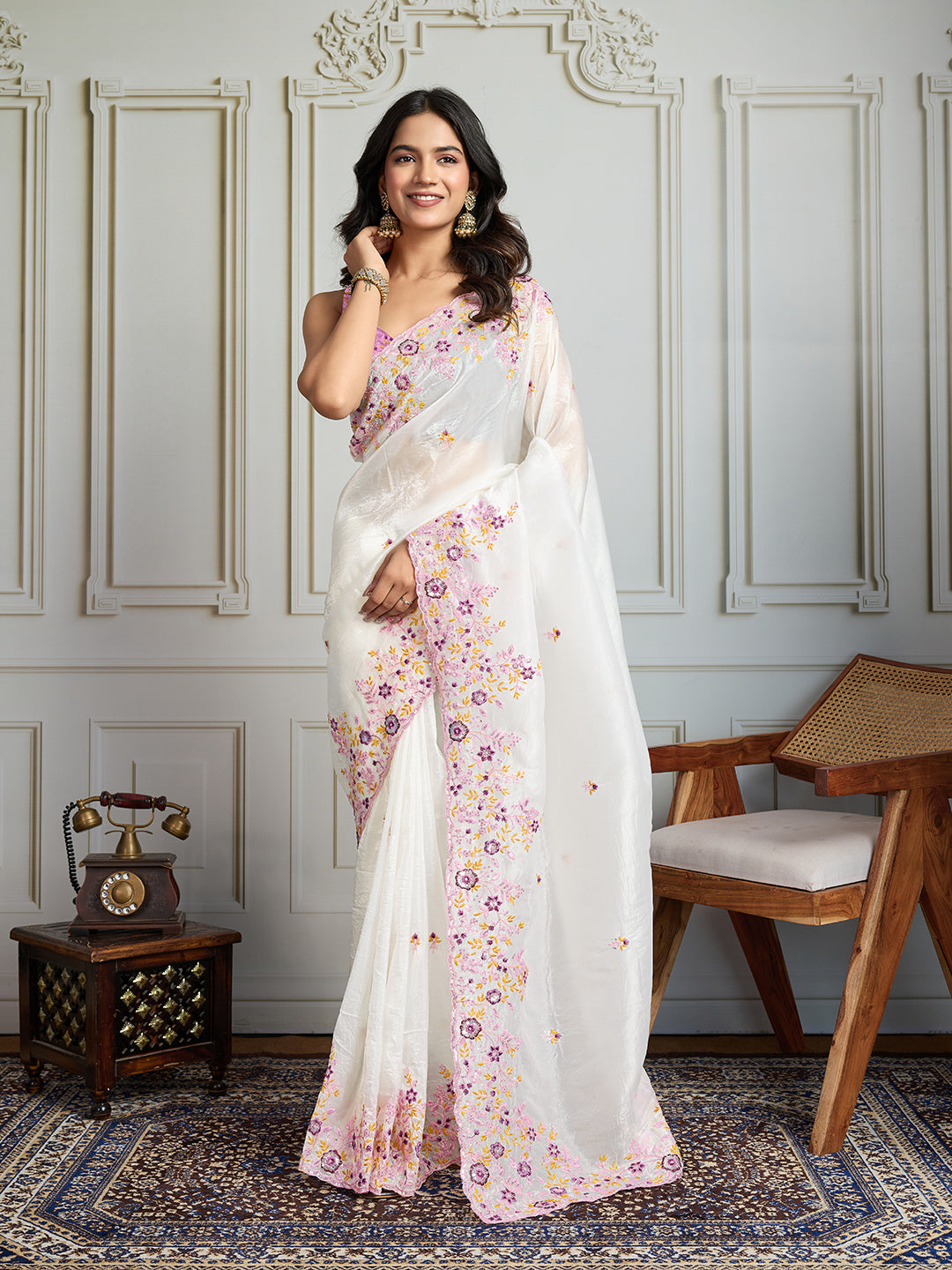 Jyoti Fashion Women's White Gold Crush Embroidered Designer Saree with Blouse | Grocsy