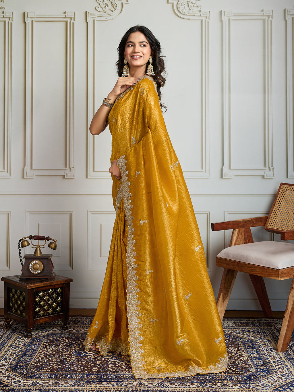 Jyoti Fashion Women's Yellow Satin Silk Embroidered Designer Saree with Blouse | Grocsy