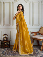 Jyoti Fashion Women's Yellow Satin Silk Embroidered Designer Saree with Blouse | Grocsy
