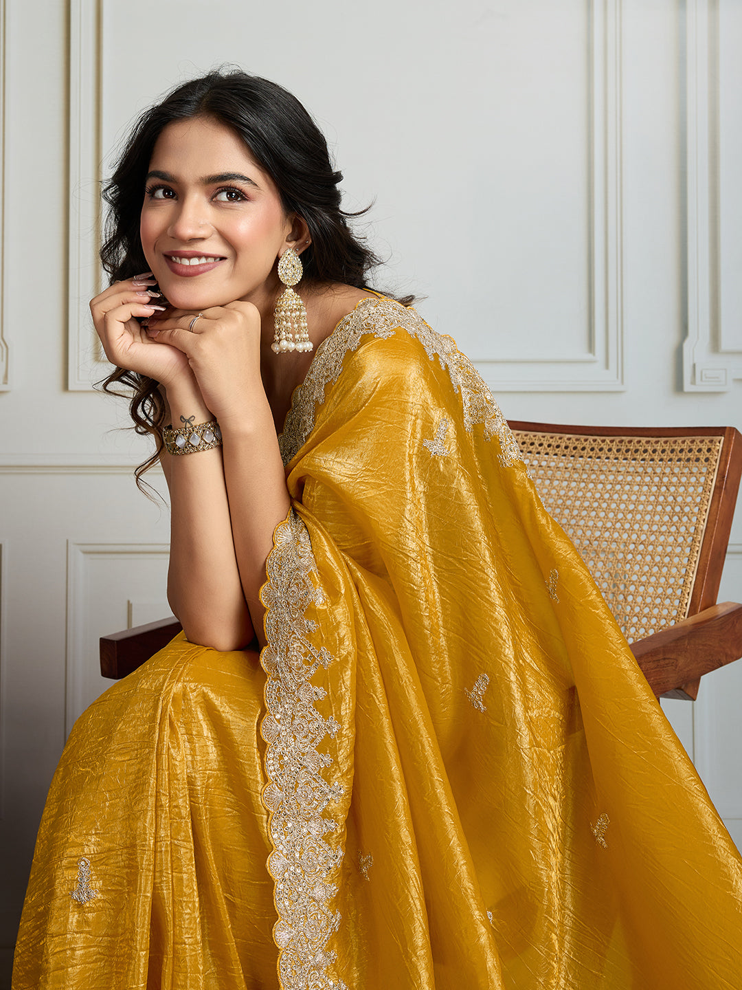 Jyoti Fashion Women's Yellow Satin Silk Embroidered Designer Saree with Blouse | Grocsy