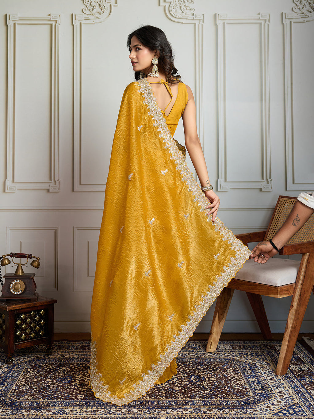 Jyoti Fashion Women's Yellow Satin Silk Embroidered Designer Saree with Blouse | Grocsy