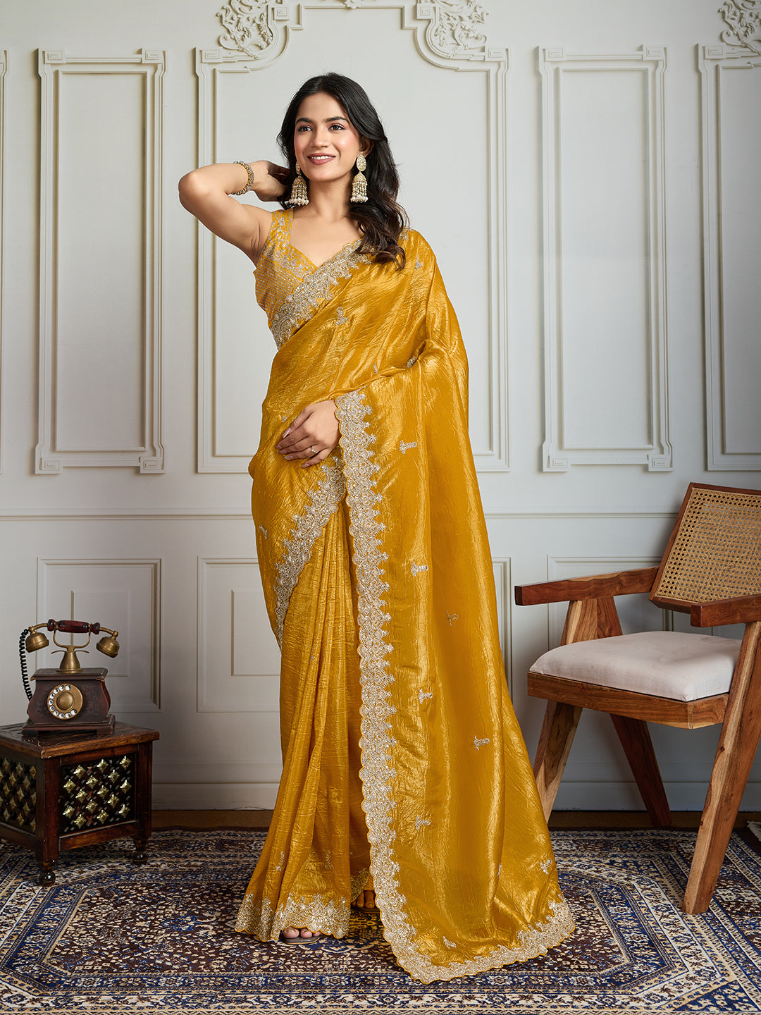 Jyoti Fashion Women's Yellow Satin Silk Embroidered Designer Saree with Blouse | Grocsy
