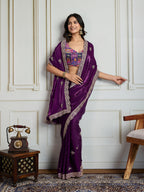 Jyoti Fashion Women's Purple Jimmy Choo Embroidered Designer Saree with Blouse | Grocsy