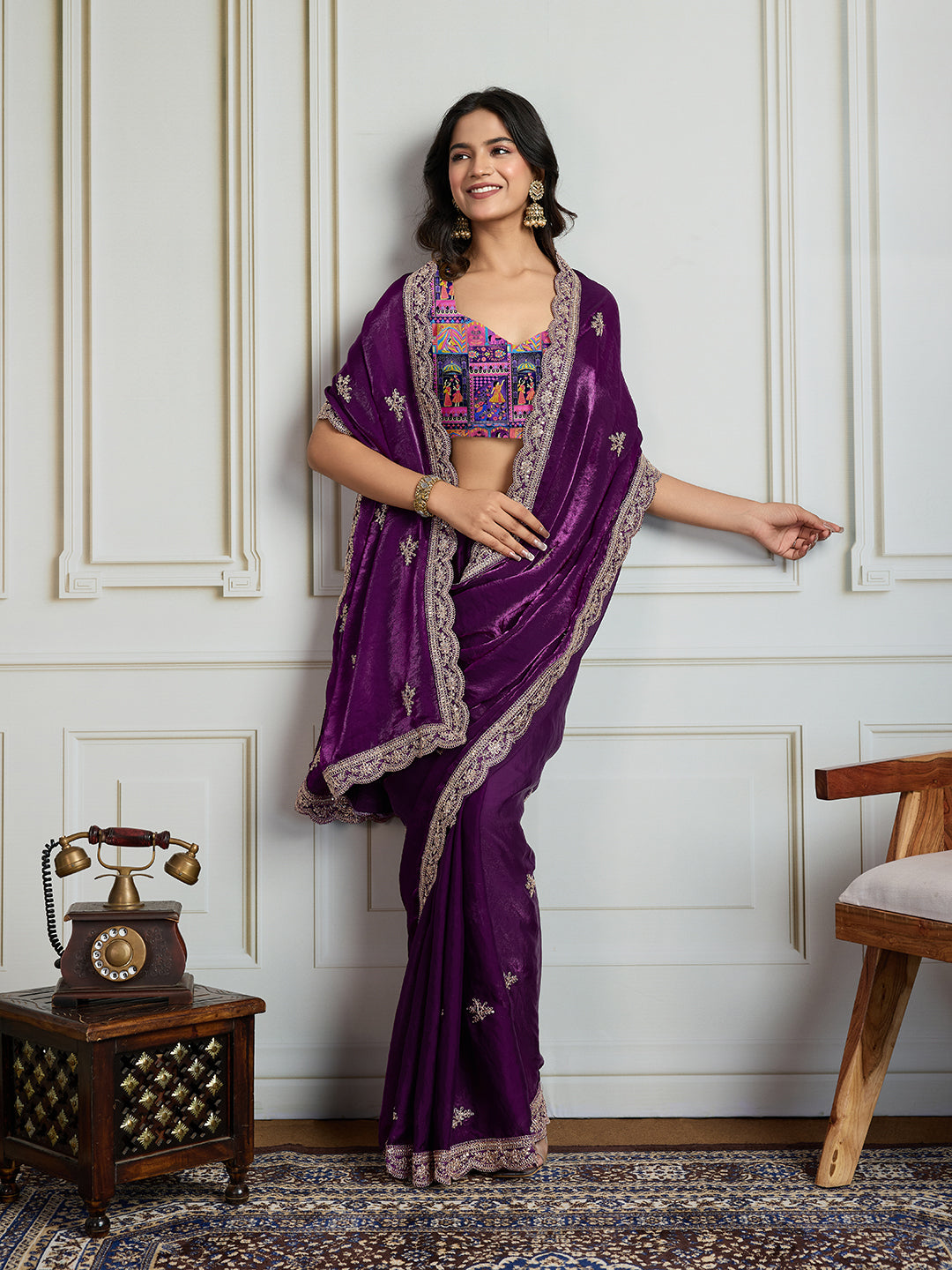 Jyoti Fashion Women's Purple Jimmy Choo Embroidered Designer Saree with Blouse | Grocsy