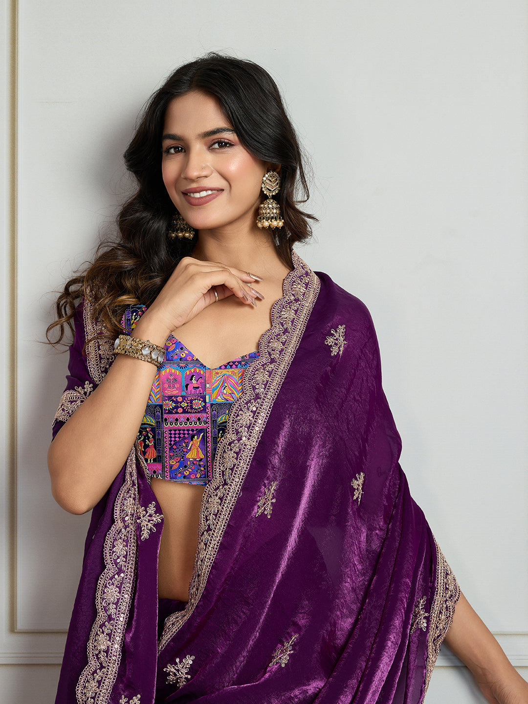 Jyoti Fashion Women's Purple Jimmy Choo Embroidered Designer Saree with Blouse | Grocsy