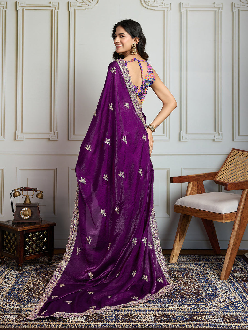 Jyoti Fashion Women's Purple Jimmy Choo Embroidered Designer Saree with Blouse | Grocsy