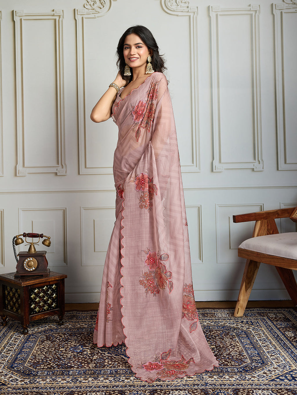 Jyoti Fashion Women's Beige Soft Tabby Organza Digital Printed Designer Saree with Blouse | Grocsy
