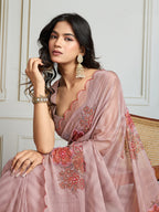 Jyoti Fashion Women's Beige Soft Tabby Organza Digital Printed Designer Saree with Blouse | Grocsy