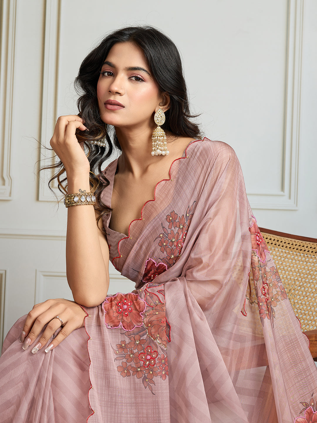 Jyoti Fashion Women's Beige Soft Tabby Organza Digital Printed Designer Saree with Blouse | Grocsy